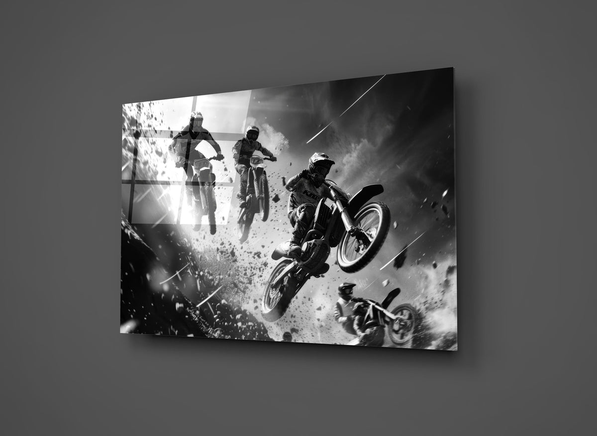 Black and White Motocross Jump Glass Wall Art close-up