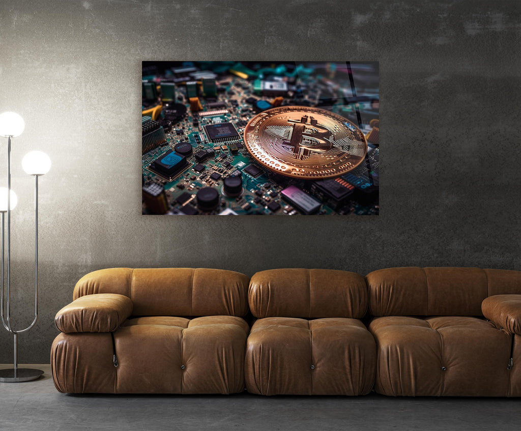 Bronze Bitcoin Coin on Motherboard Glass Wall Art in a living room interior