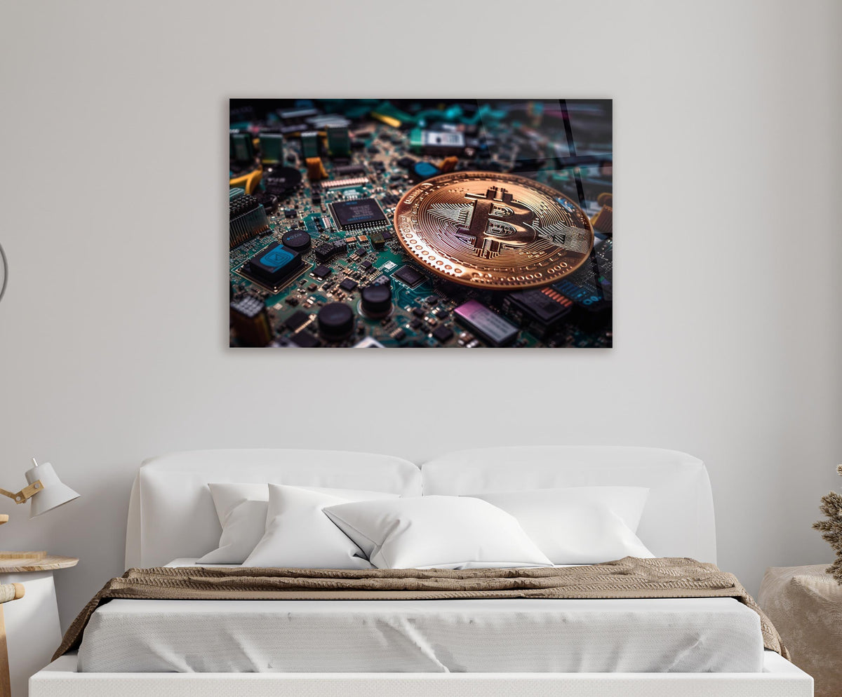 Bronze Bitcoin Coin on Motherboard Glass Wall Art in a modern interior