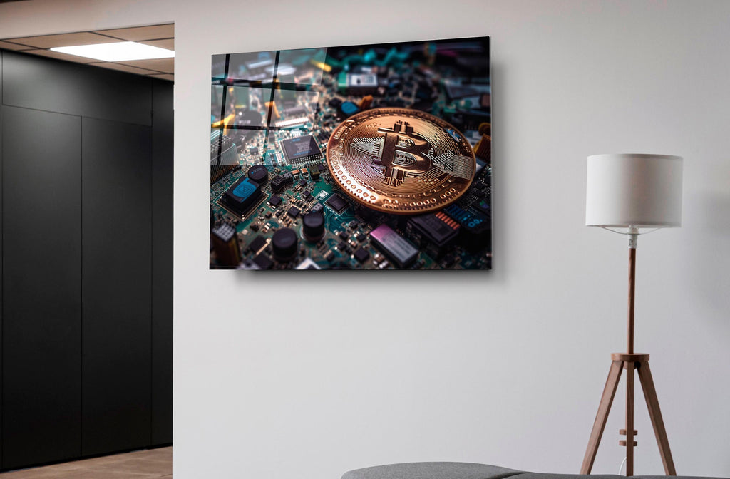 Bronze Bitcoin Coin on Motherboard Glass Wall Art on the wall