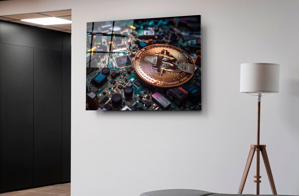 Bronze Bitcoin Coin on Motherboard Glass Wall Art on the wall