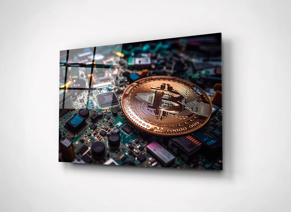 Bronze Bitcoin Coin on Motherboard Glass Wall Art close-up