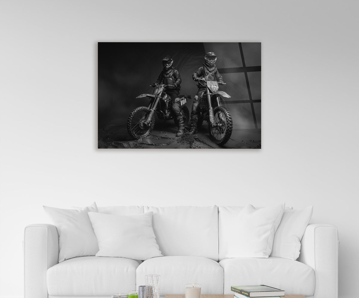 Black and White Motocross Riders Glass Wall Art on the wall