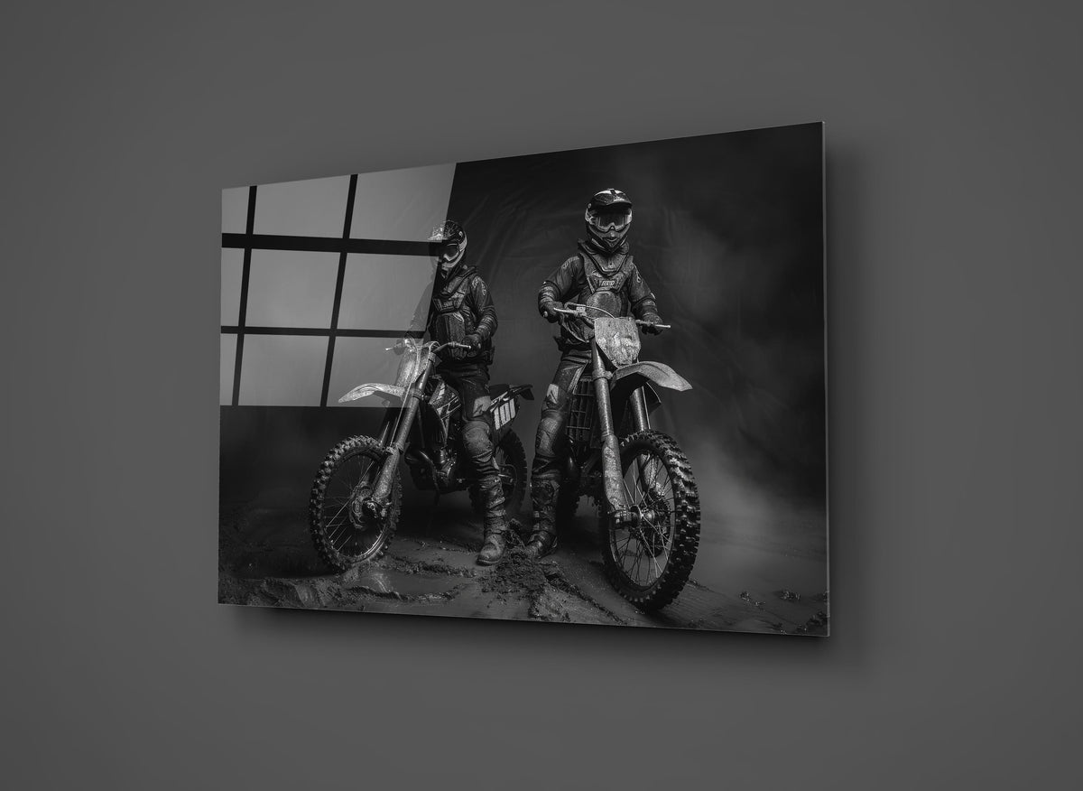 Black and White Motocross Riders Glass Wall Art close-up