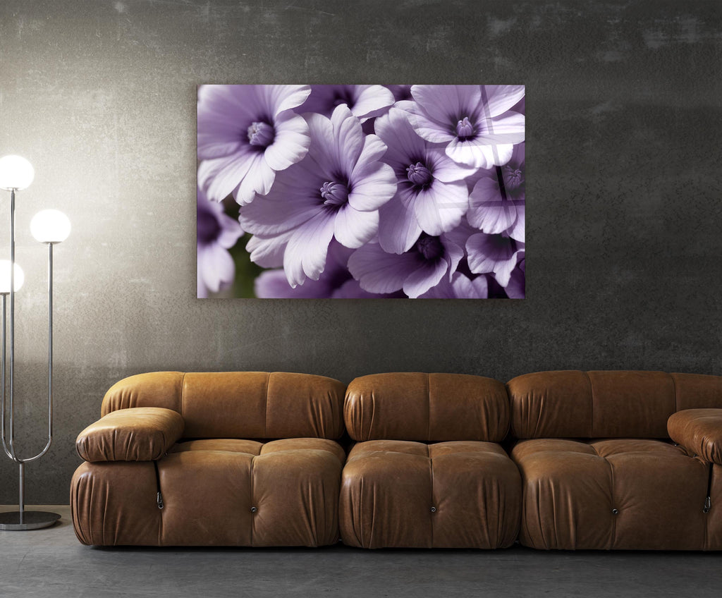 Lavender Blossoms Close-Up Glass Wall Art in a living room interior