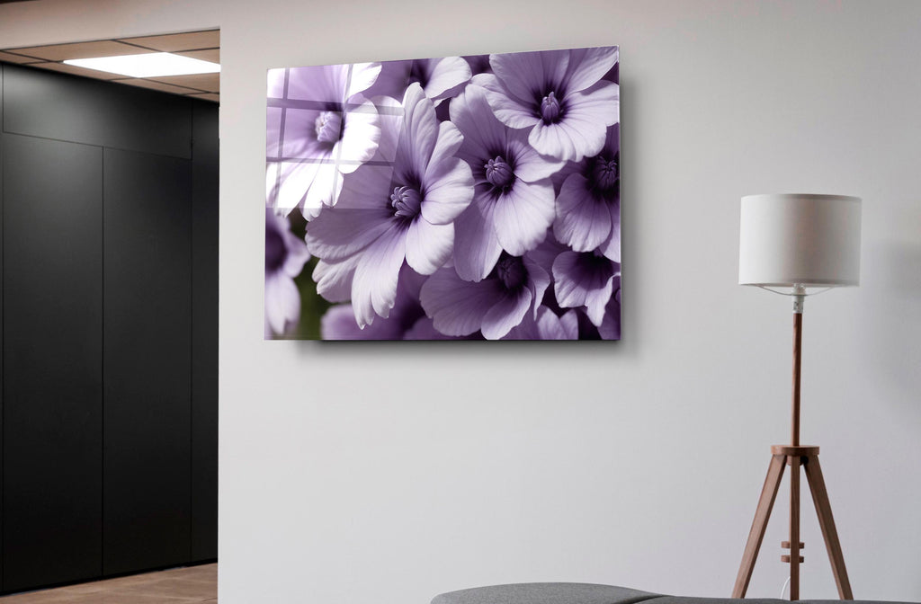 Lavender Blossoms Close-Up Glass Wall Art in a modern interior