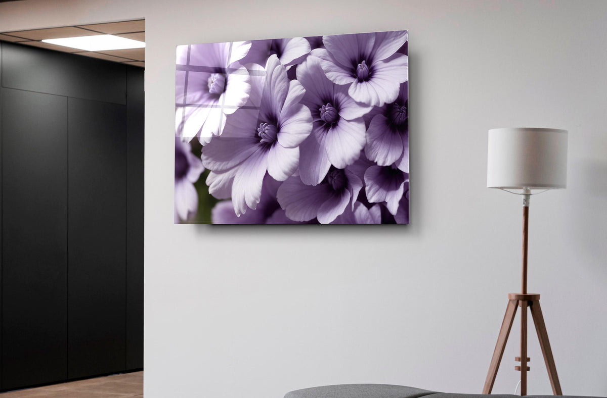 Lavender Blossoms Close-Up Glass Wall Art in a modern interior
