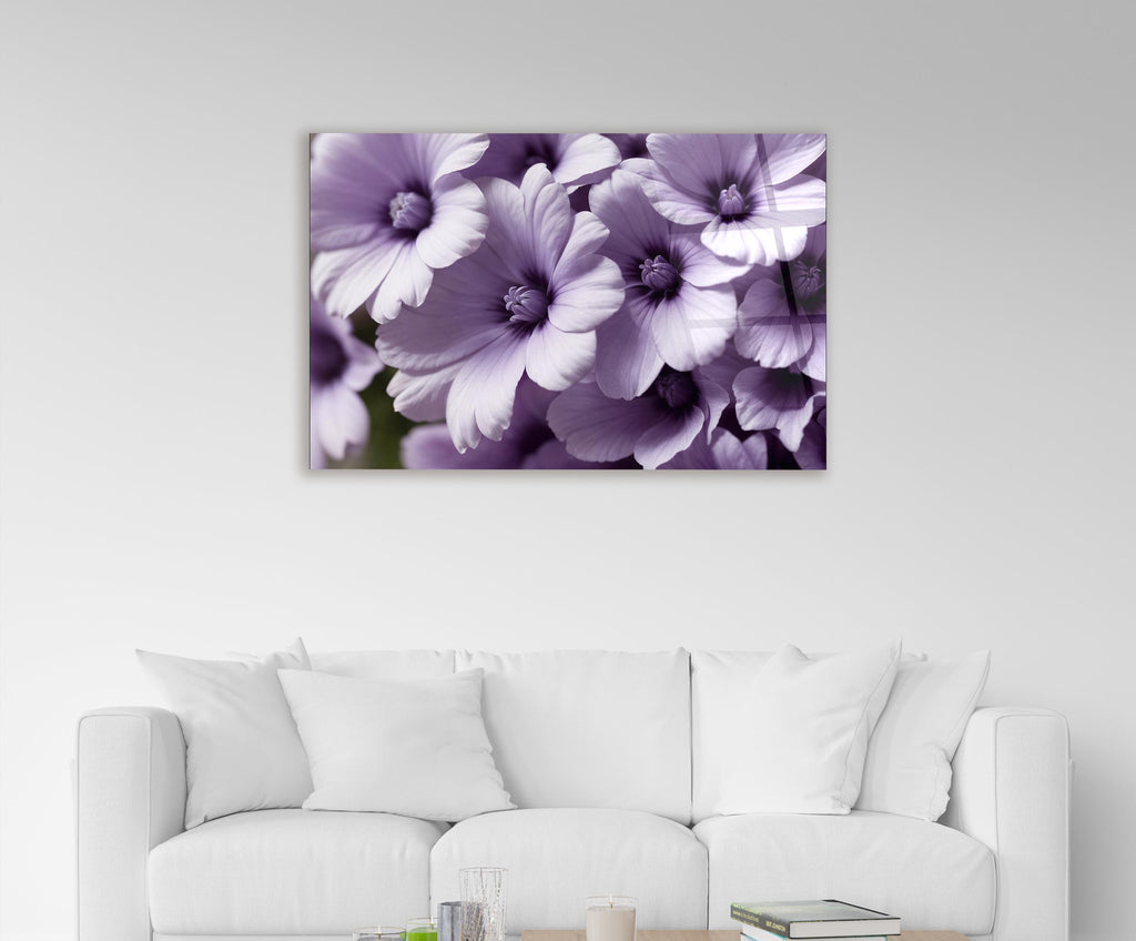 Lavender Blossoms Close-Up Glass Wall Art on the wall