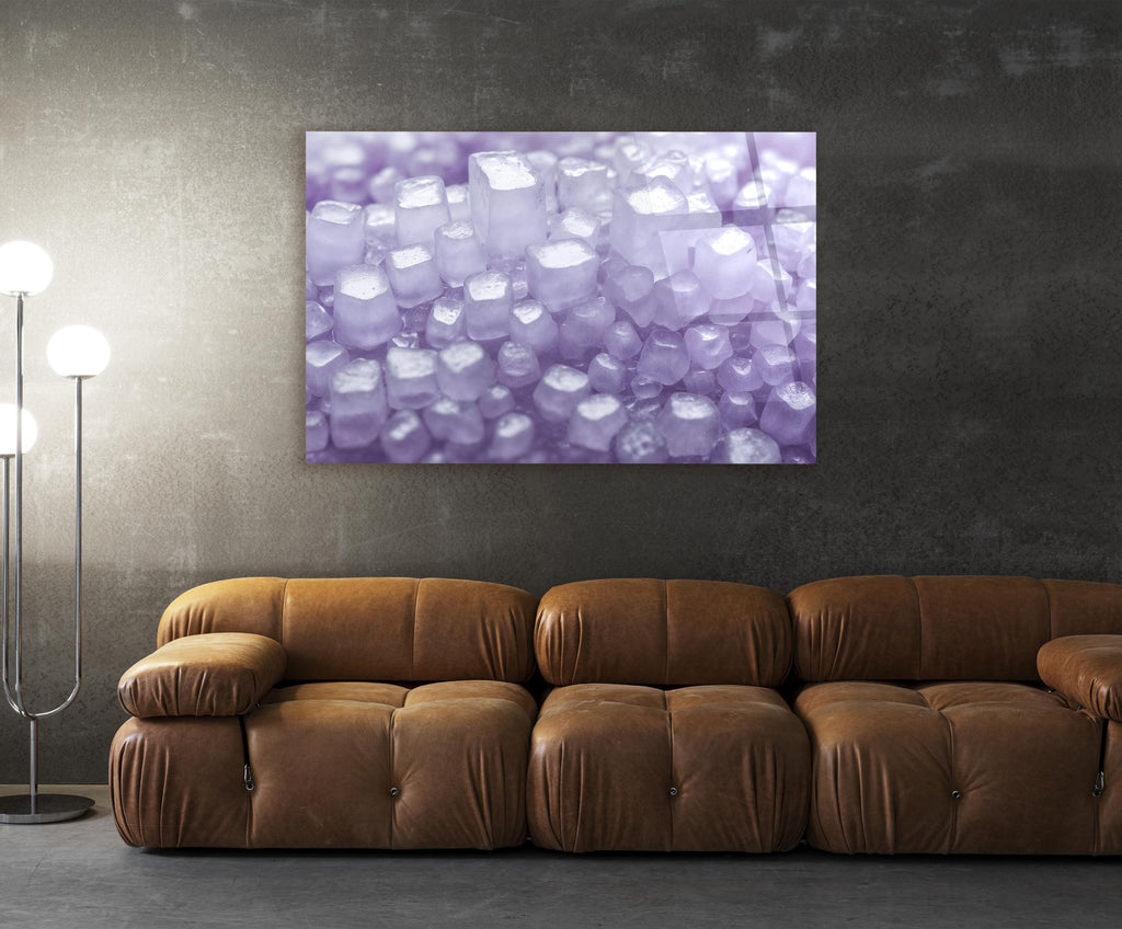 Lavender Crystal Cluster Glass Wall Art in a living room interior