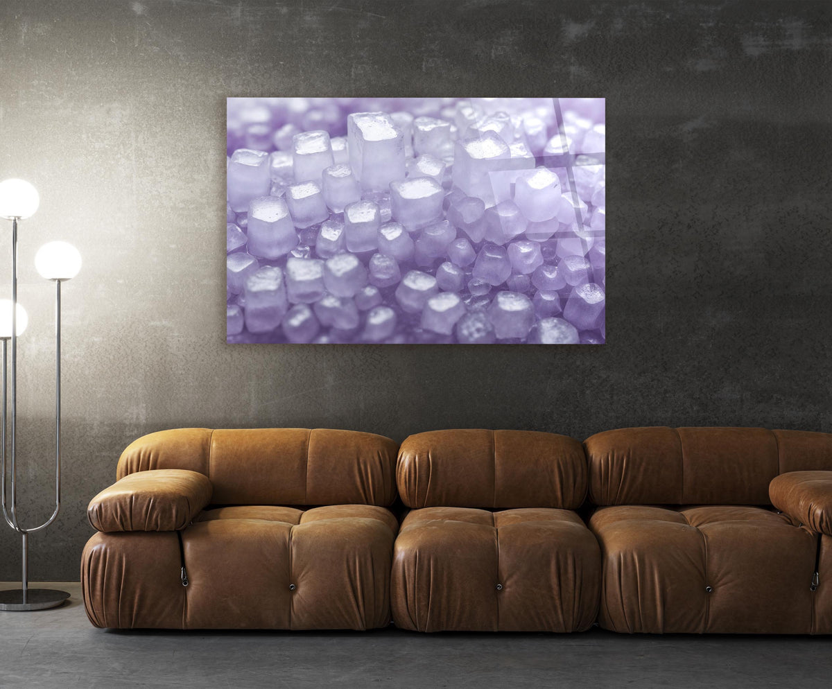 Lavender Crystal Cluster Glass Wall Art in a living room interior