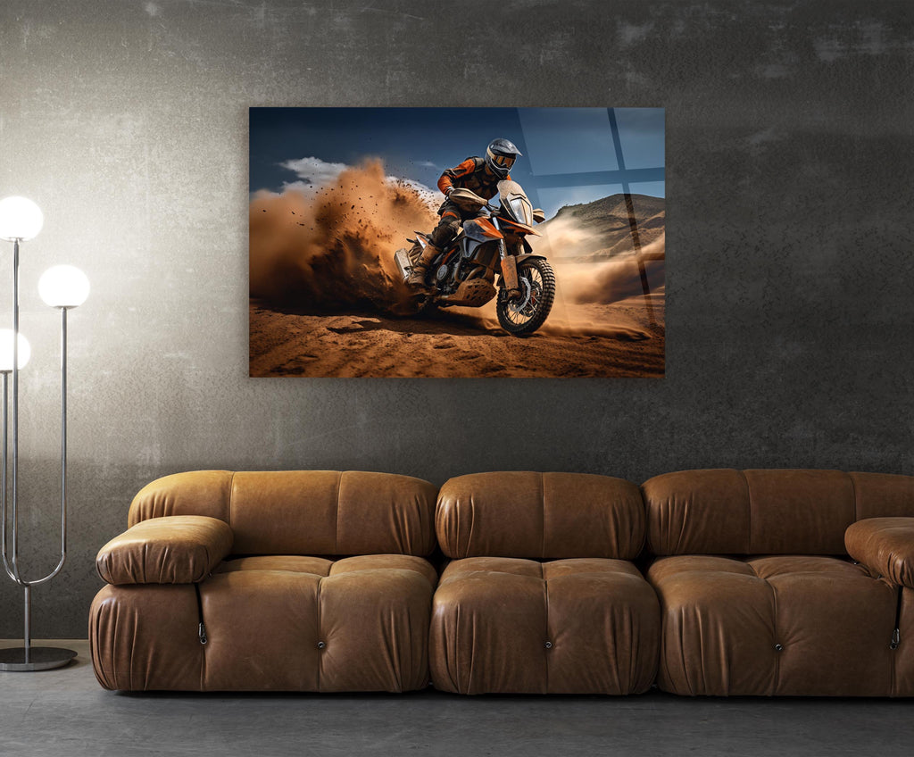Desert Dirt Bike Dust Trail Glass Wall Art in a living room interior