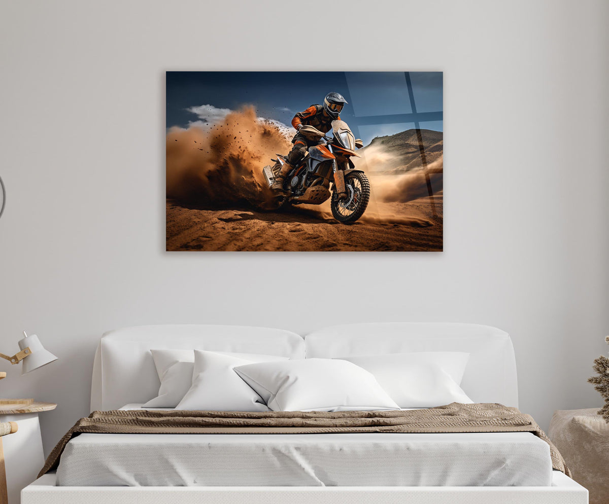 Desert Dirt Bike Dust Trail Glass Wall Art in a modern interior