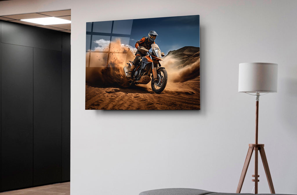Desert Dirt Bike Dust Trail Glass Wall Art on the wall