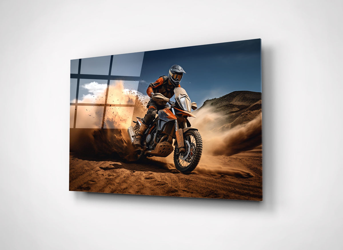 Desert Dirt Bike Dust Trail Glass Wall Art close-up