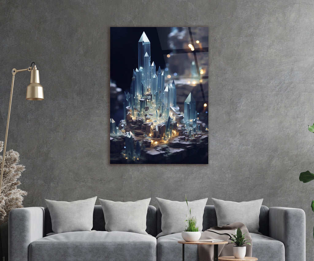 Glowing Crystal City Glass Wall Art in a living room interior