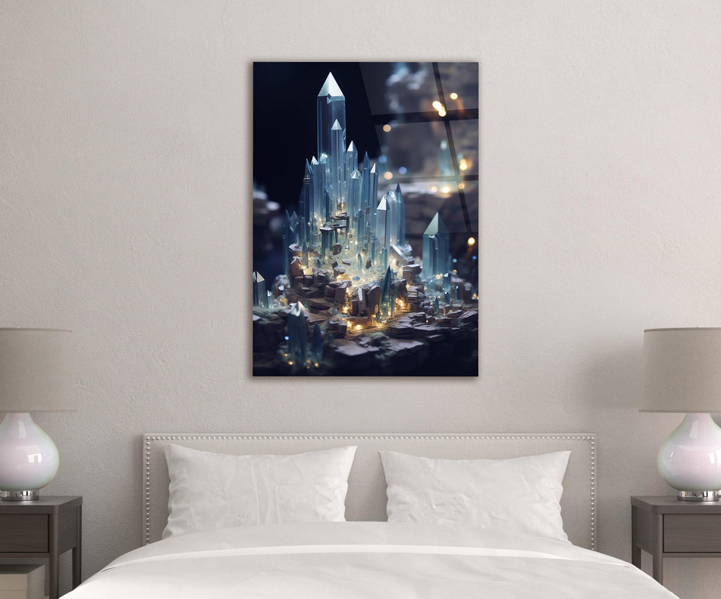 Glowing Crystal City Glass Wall Art in a modern interior