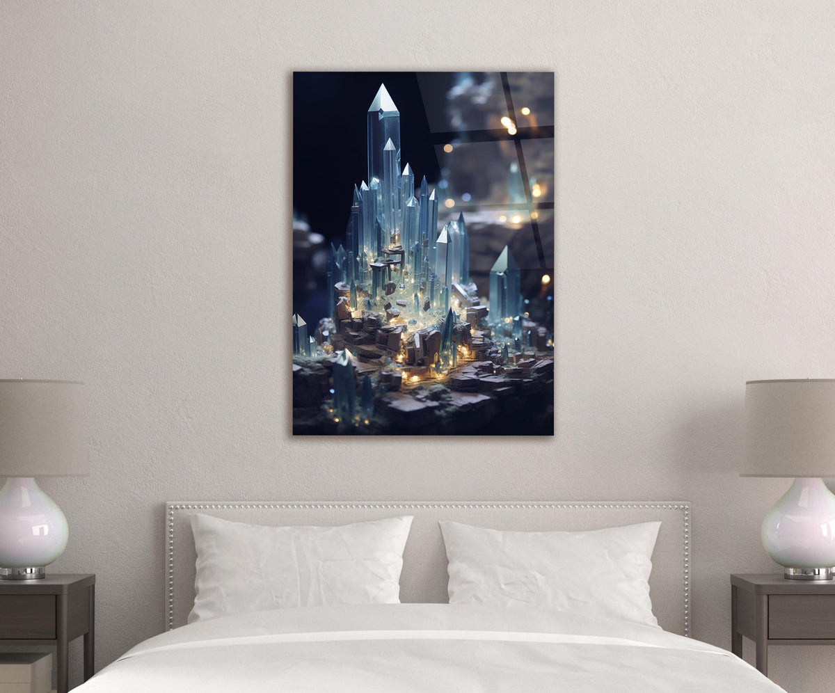 Glowing Crystal City Glass Wall Art in a modern interior
