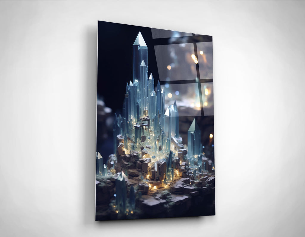 Glowing Crystal City Glass Wall Art close-up