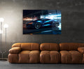 Blue Supercar Night Speed Glass Wall Art in a living room interior