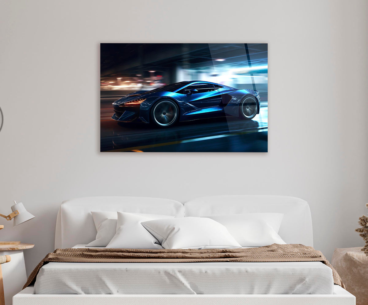 Blue Supercar Night Speed Glass Wall Art in a modern interior
