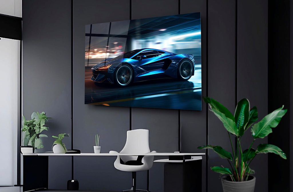 Blue Supercar Night Speed Glass Wall Art on the wall