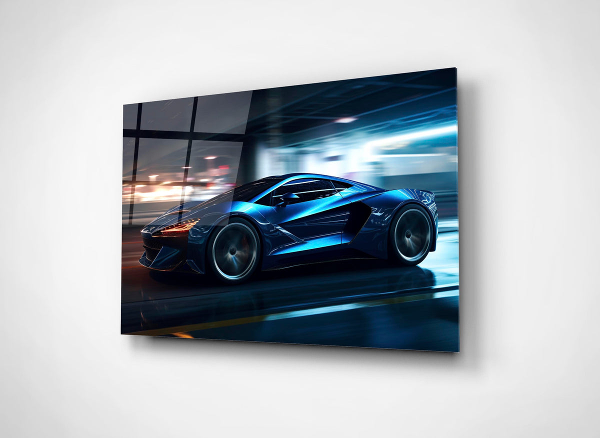 Blue Supercar Night Speed Glass Wall Art close-up