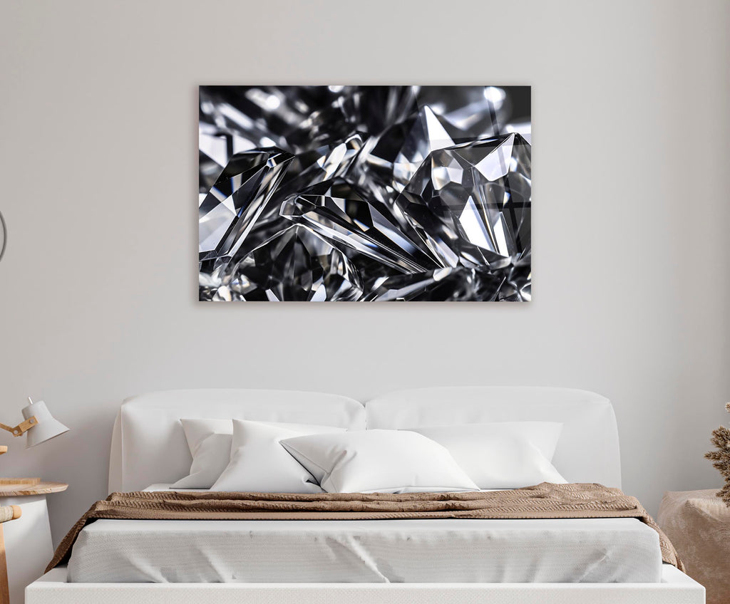 Silver Crystal Shards Abstract Glass Wall Art in a living room interior