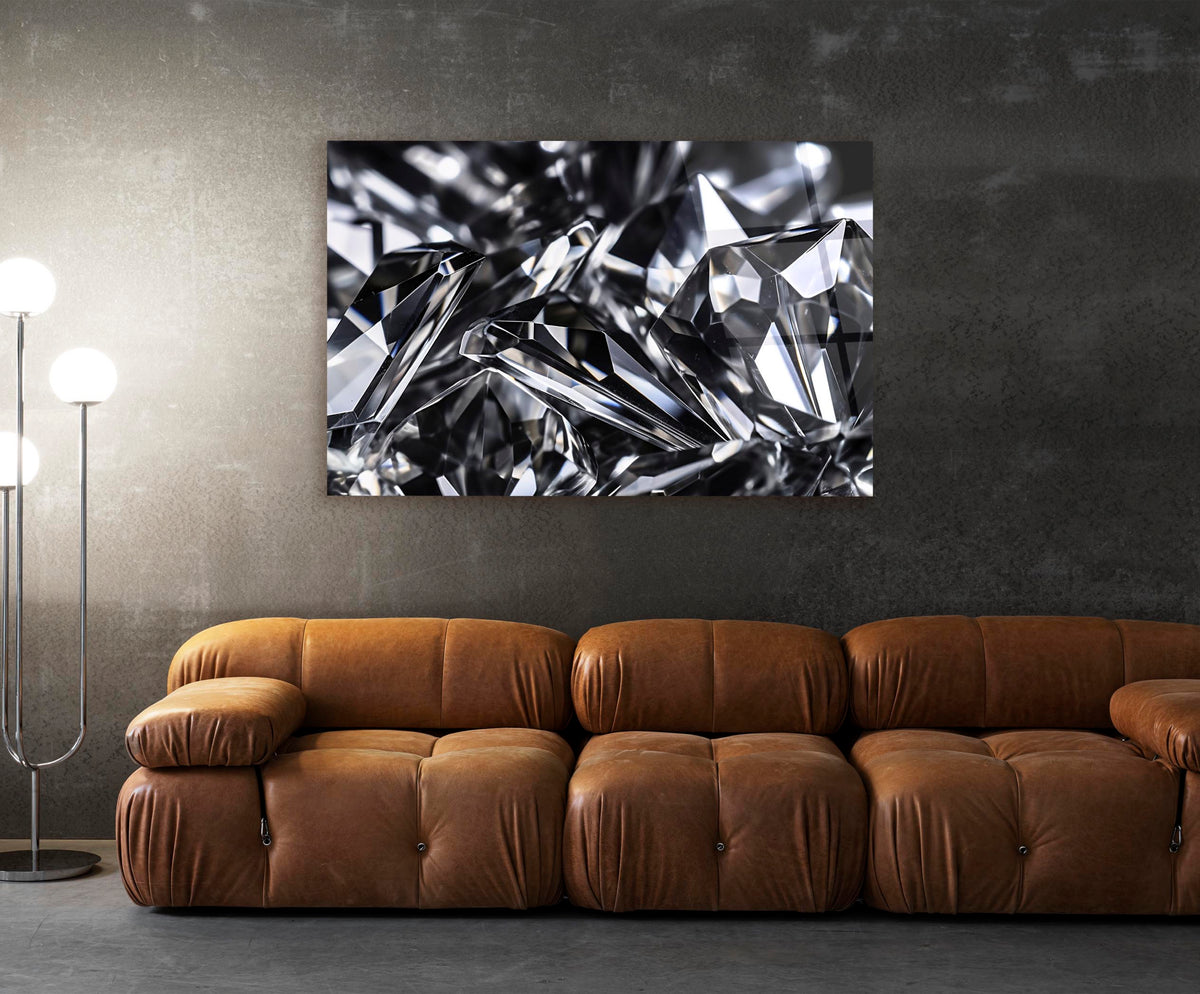 Silver Crystal Shards Abstract Glass Wall Art in a modern interior