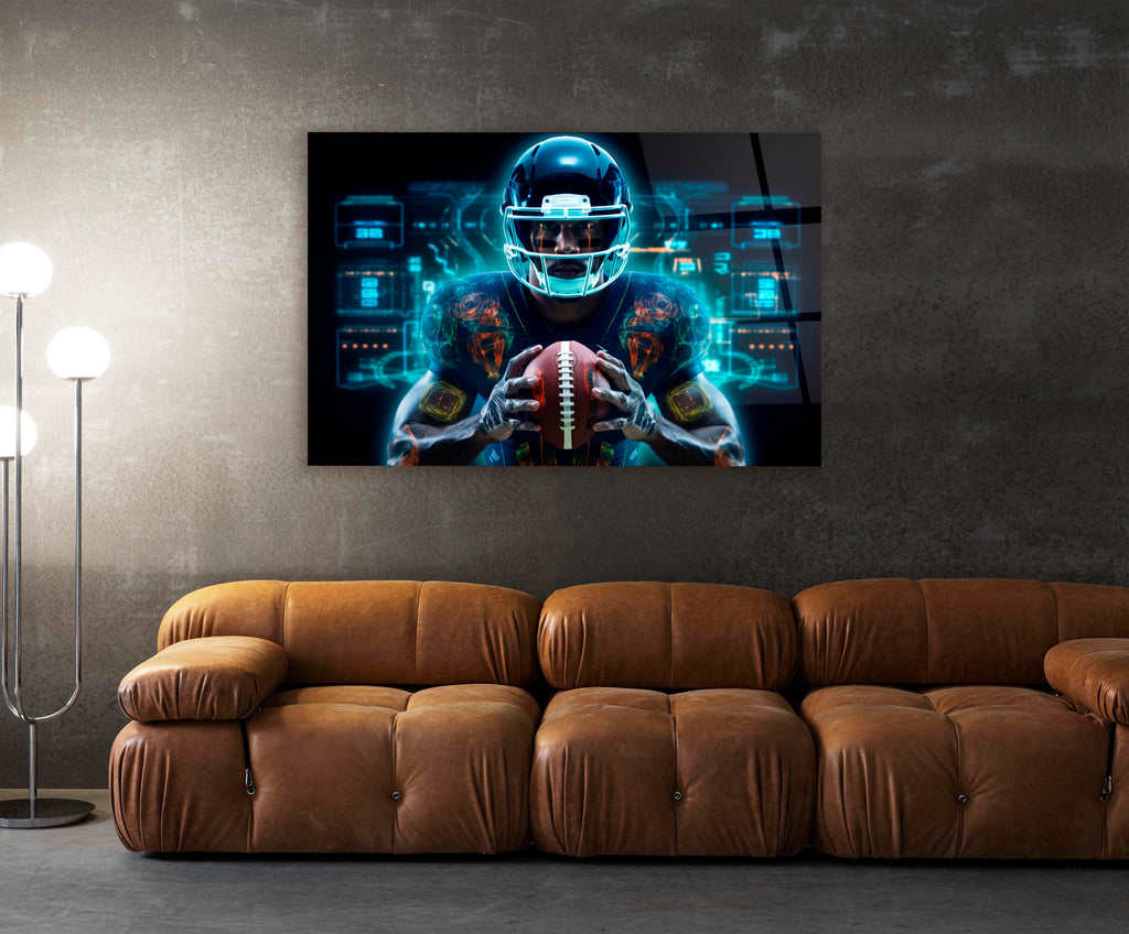 Neon Football Player Hologram Glass Wall Art in a living room interior