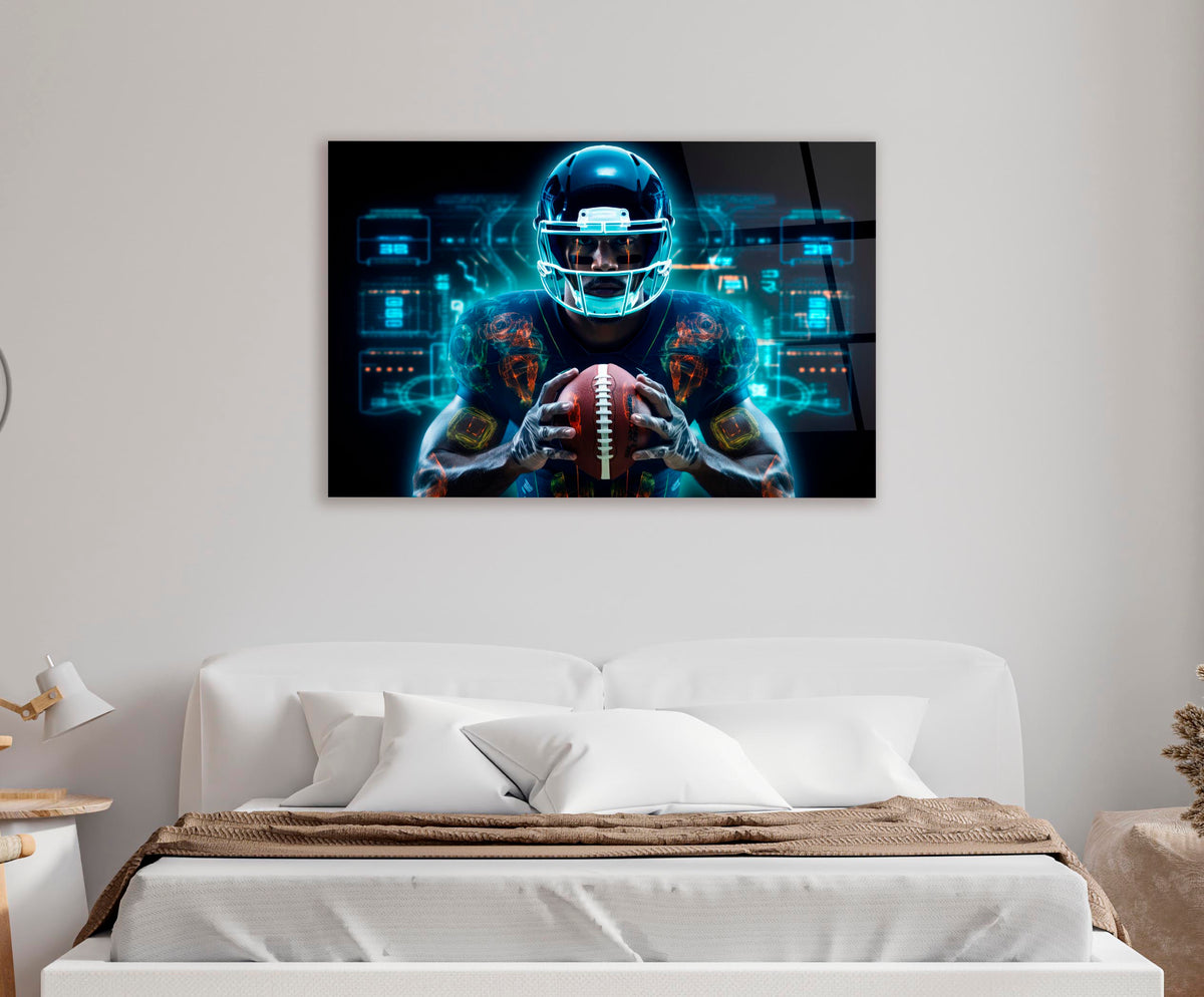 Neon Football Player Hologram Glass Wall Art in a modern interior