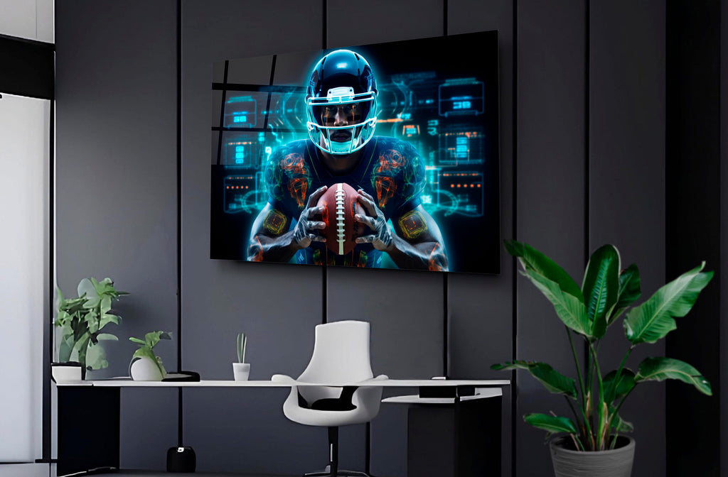Neon Football Player Hologram Glass Wall Art on the wall