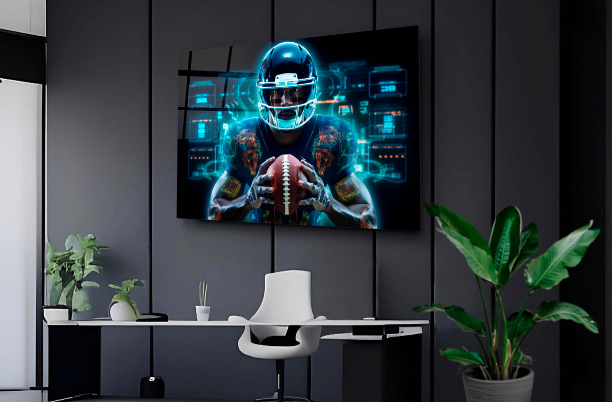 Neon Football Player Hologram Glass Wall Art on the wall