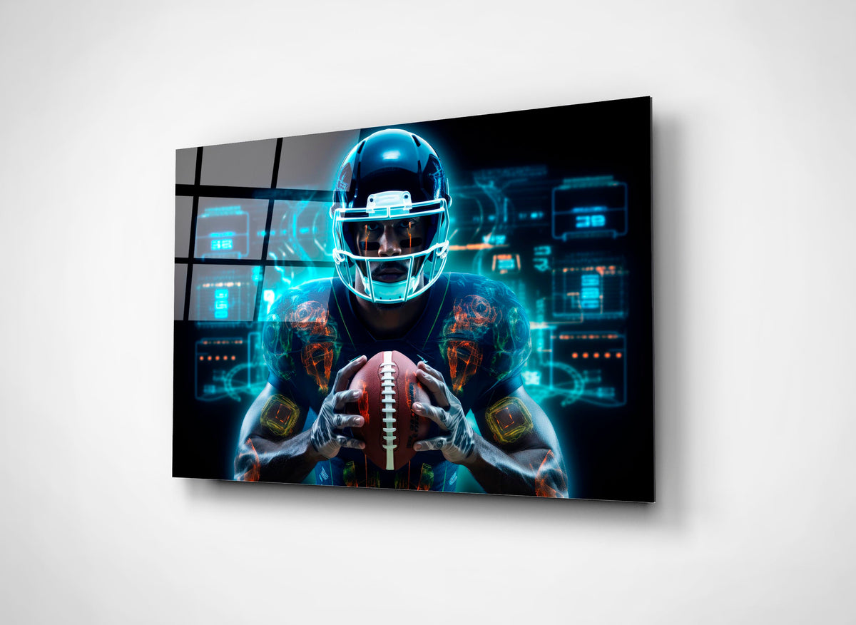 Neon Football Player Hologram Glass Wall Art close-up