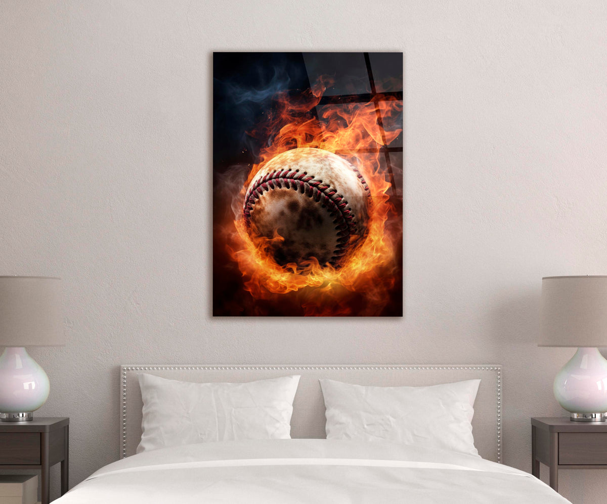 Flaming Baseball Glass Wall Art in a living room interior