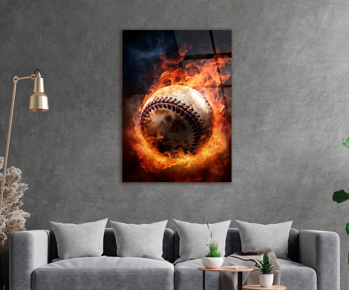 Flaming Baseball Glass Wall Art in a modern interior