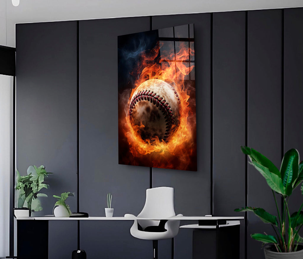 Flaming Baseball Glass Wall Art on the wall