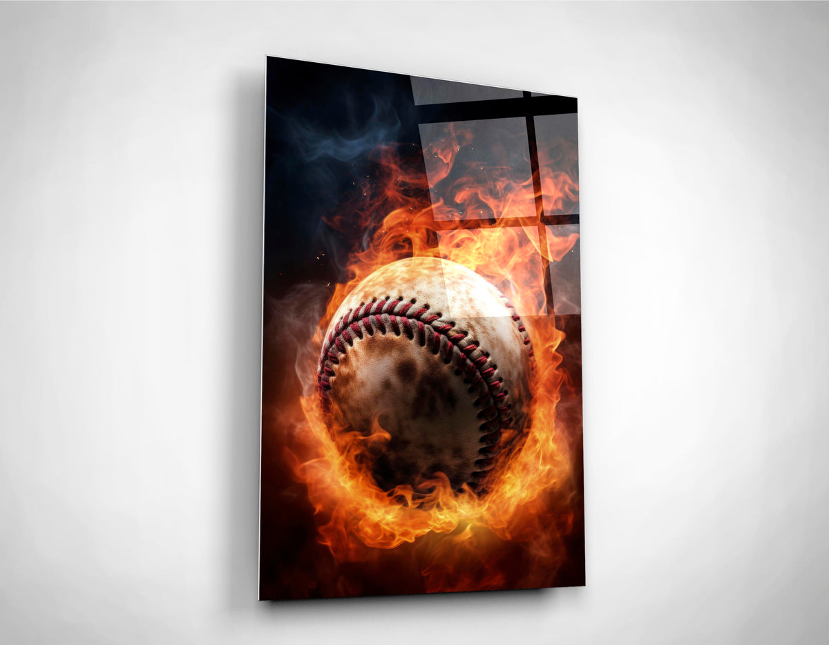 Flaming Baseball Glass Wall Art close-up