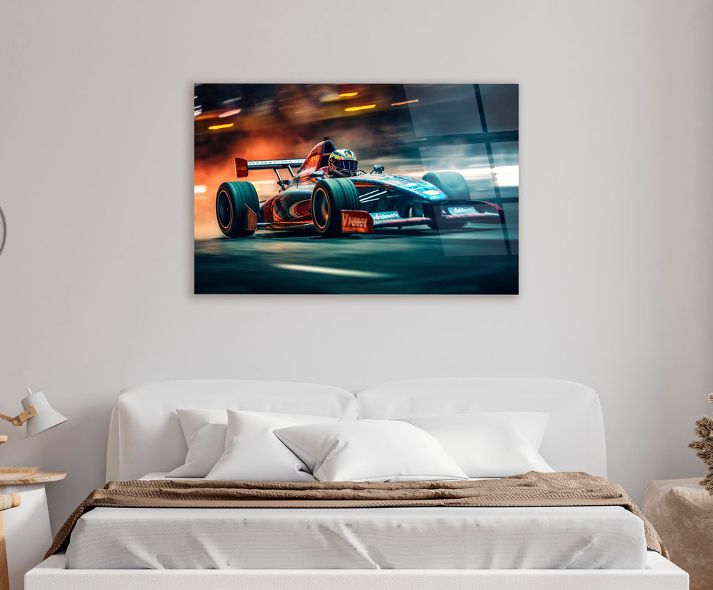 Open-Wheel Race Car Speed Glass Wall Art in a living room interior