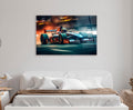 Open-Wheel Race Car Speed Glass Wall Art in a living room interior
