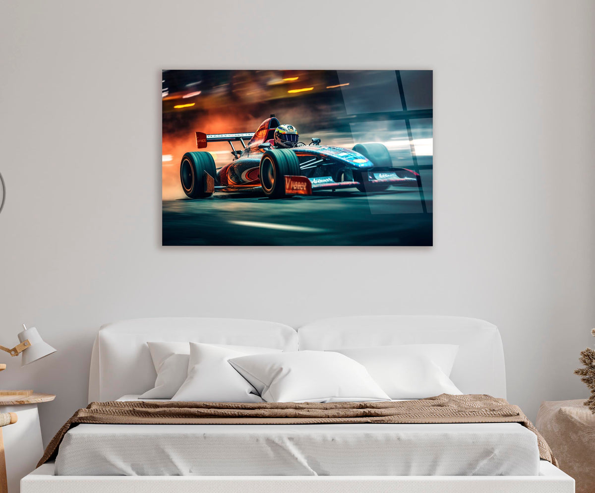 Open-Wheel Race Car Speed Glass Wall Art in a living room interior