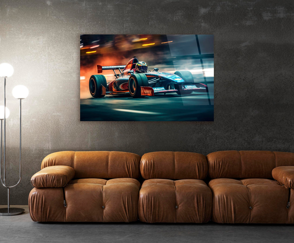 Open-Wheel Race Car Speed Glass Wall Art in a modern interior
