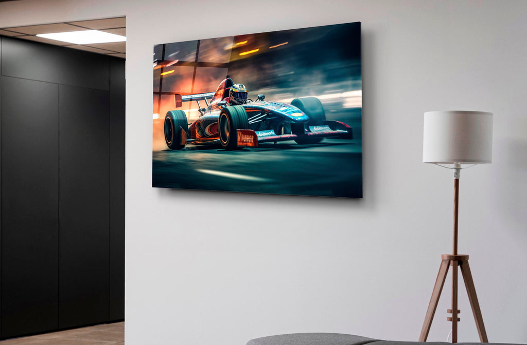 Open-Wheel Race Car Speed Glass Wall Art on the wall