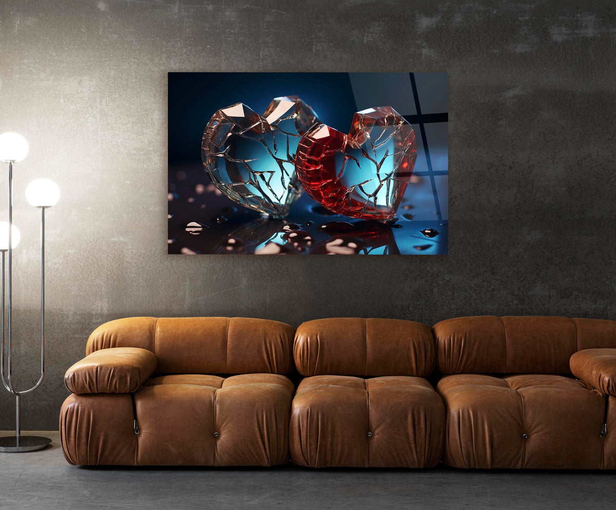 Shattered Crystal Hearts Glass Wall Art in a living room interior