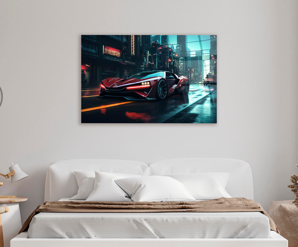 Red Supercar Neon City Street Glass Wall Art in a living room interior