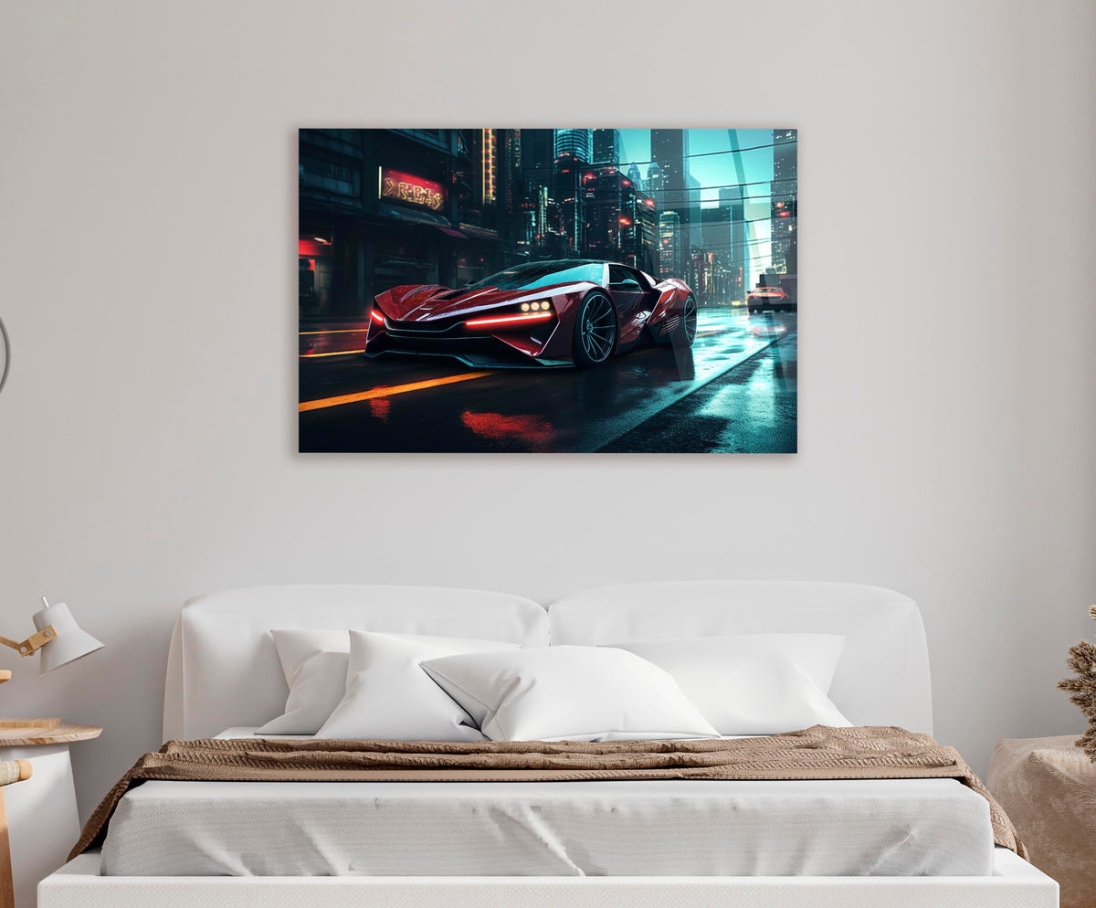 Red Supercar Neon City Street Glass Wall Art in a living room interior