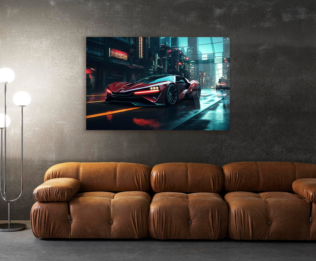 Red Supercar Neon City Street Glass Wall Art in a modern interior