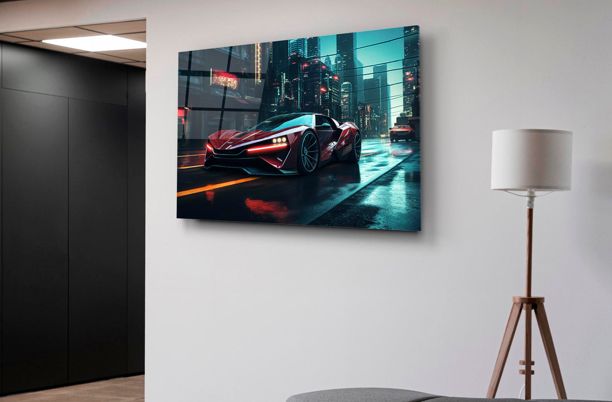 Red Supercar Neon City Street Glass Wall Art on the wall