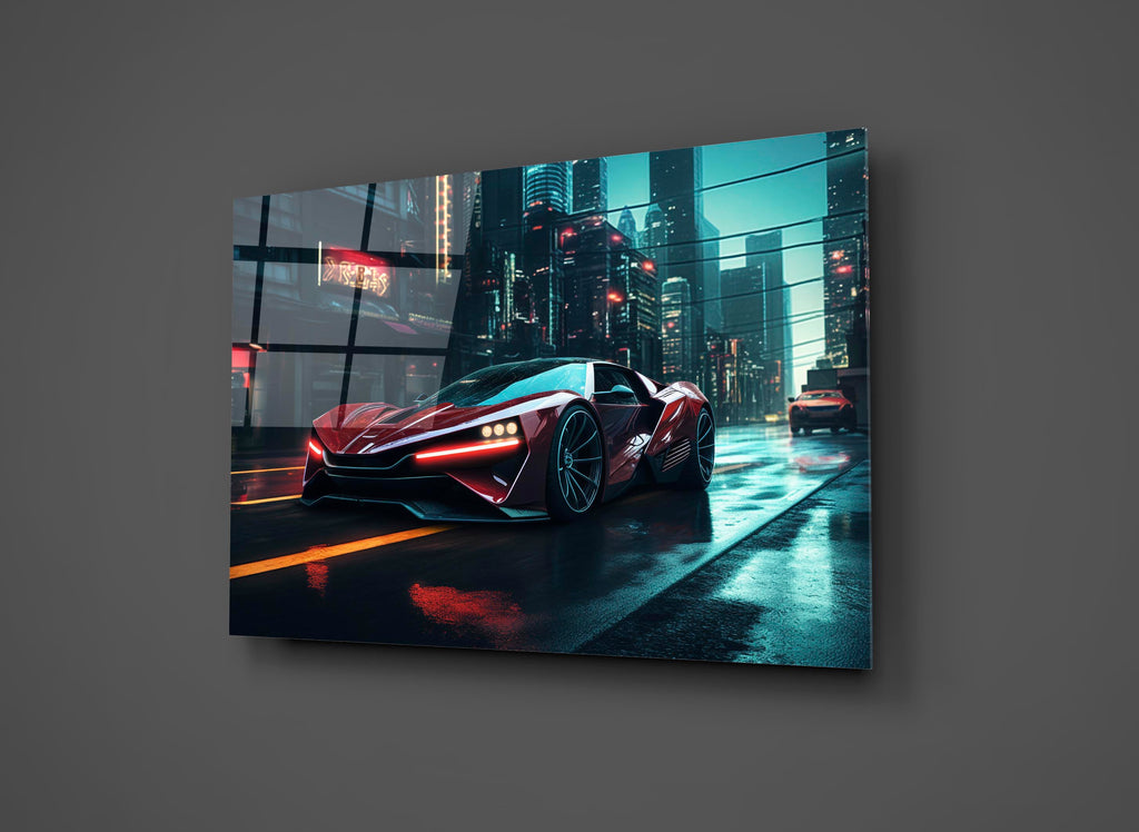 Red Supercar Neon City Street Glass Wall Art close-up