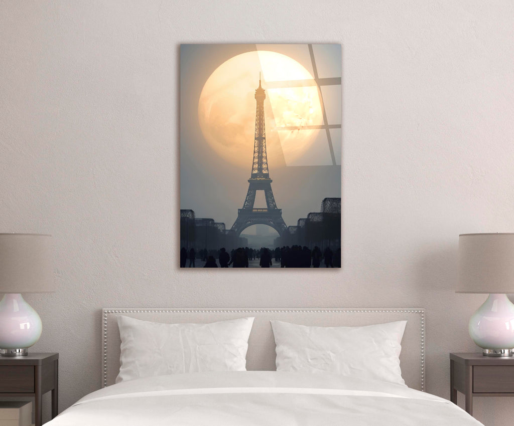 Eiffel Tower Full Moon Glass Wall Art in a living room interior