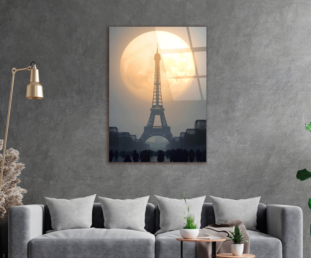 Eiffel Tower Full Moon Glass Wall Art in a modern interior